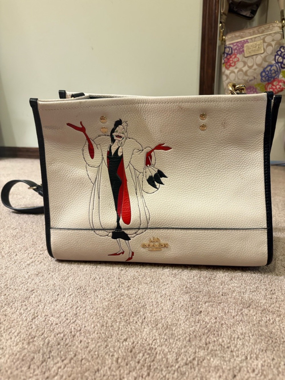 Coach Cream Leather Crossbody with Red & Black Illustration